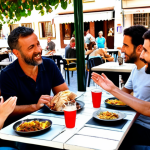 **

A friendly, diverse group of people engaging in a lively but respectful discussion in a sunny outdoor cafe in Madrid. Focus on positive body language and active listening. Include tapas on the table.

**