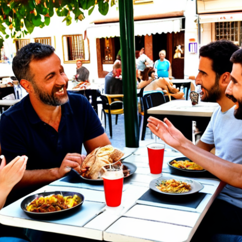 **

A friendly, diverse group of people engaging in a lively but respectful discussion in a sunny outdoor cafe in Madrid. Focus on positive body language and active listening. Include tapas on the table.

**