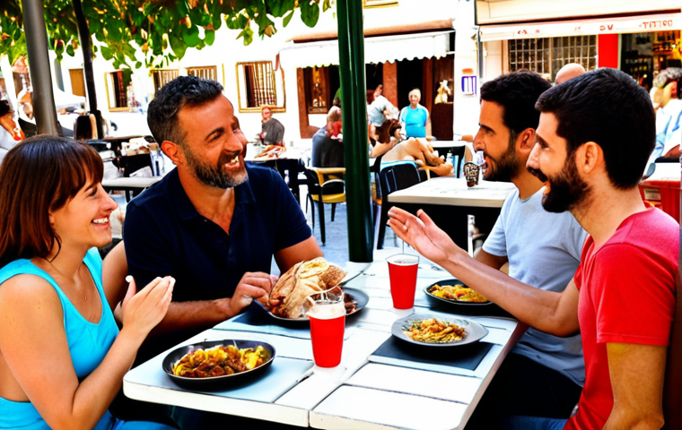 **
A friendly, diverse group of people engaging in a lively but respectful discussion in a sunny outdoor cafe in Madrid. Focus on positive body language and active listening. Include tapas on the table.
**