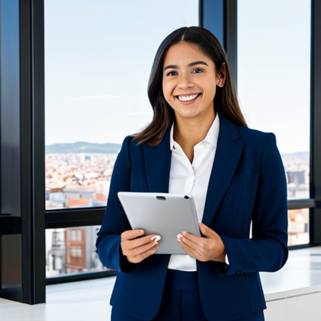 Business Professional**
A confident Latina businesswoman in a professional, modest blazer and slacks, standing in a bright, modern office space with large windows overlooking Madrid. She is holding a tablet and smiling slightly. Perfect anatomy, correct proportions, well-formed hands, proper finger count, natural body proportions, fully clothed, appropriate attire, safe for work, professional, high quality, professional photography.
**