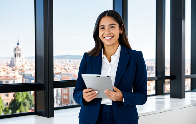 Business Professional**

A confident Latina businesswoman in a professional, modest blazer and slacks, standing in a bright, modern office space with large windows overlooking Madrid.  She is holding a tablet and smiling slightly. Perfect anatomy, correct proportions, well-formed hands, proper finger count, natural body proportions, fully clothed, appropriate attire, safe for work, professional, high quality, professional photography.

**