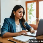 Home 18 온라인 토론에서의 독창적인 아이디어 제시법 - A professional young Hispanic woman confidently participating in an online debate from a cozy, moder...